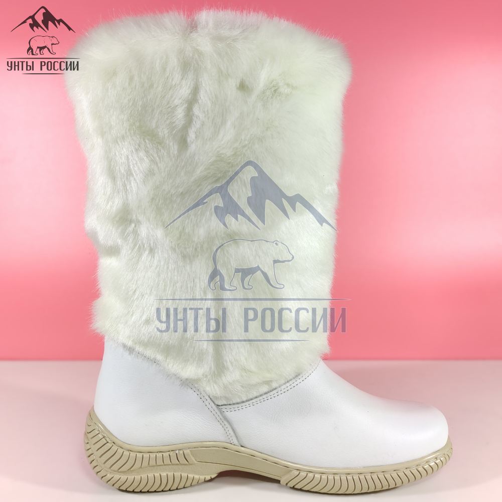 Унты женские натуральные белые кожаные с бубенчиками, литая подошва